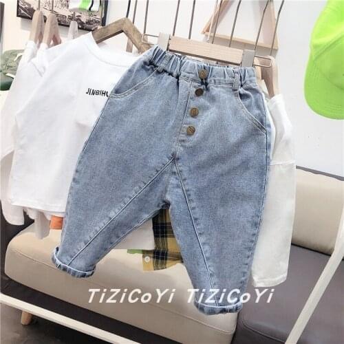 Jeans For Boys 2021 Spring Autumn Baby Boy Casual Solid Jeans Pants Kids Clothing Boys Korean Elasticity Denim Harem Pants 2-8 Y