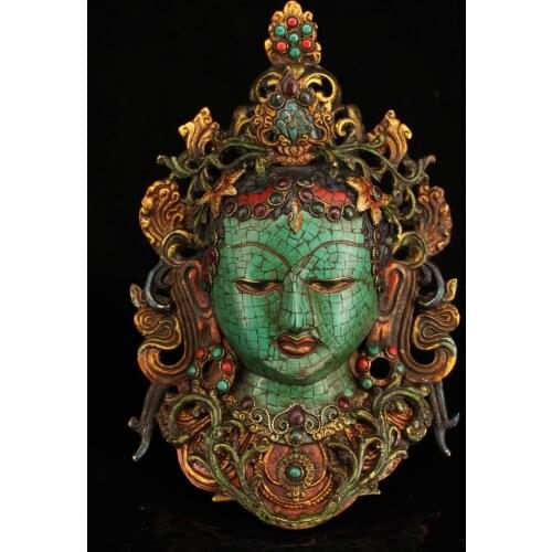 11"Tibet Temple Collection Old Bronze mosaic Gem outline in gold Green Tara Head Mask Pendant Ornaments Town House Exorcism