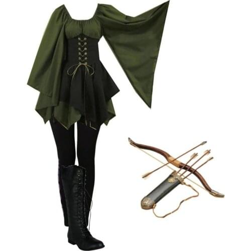 Robin Hood Costume Archer Ranger Elf Fairy Elven Cosplay Adult Women Gown Corset Mini Dress Wood Miss Halloween Outfit For Girls