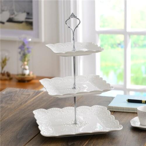 Multi-layer English Tray Ceramic Fruit Plate Square Snack Dish Cake Tray White Embossed Candy Tray Shelf