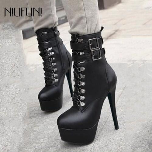Fashion Autumn Winter Boots Round Toe Side Zipper Ankle Boots Women Super High Heels Platform Ladies Shoes Belt Buckle Botas