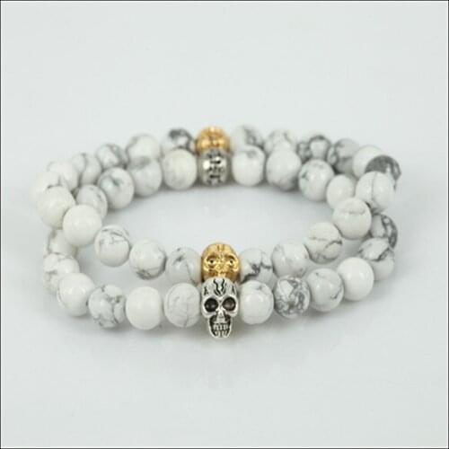 Fashion beaded skull head men charm stretch bracelet natural 8mm white howlite round gem stone beads women bracelet