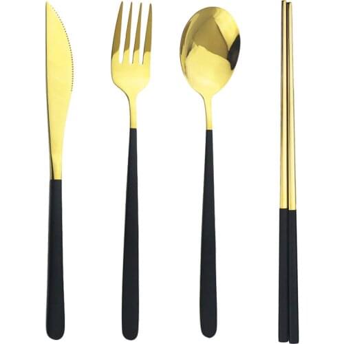 Black Gold Portable Travel Tableware Set Stainless Steel Dinnerware Set With Box Kitchen Knife Fork Spoon Chopsticks Dinner Set