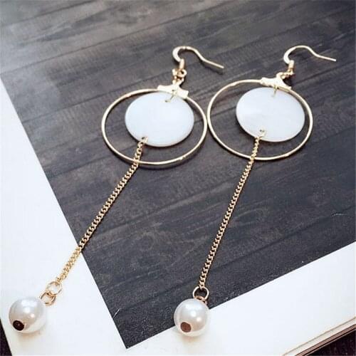 CRLEY 2019 New White Round Shell Earrings Long Chain Tassel Round Gold Color Retro Vintage Statement Pearl Dangle Earrings