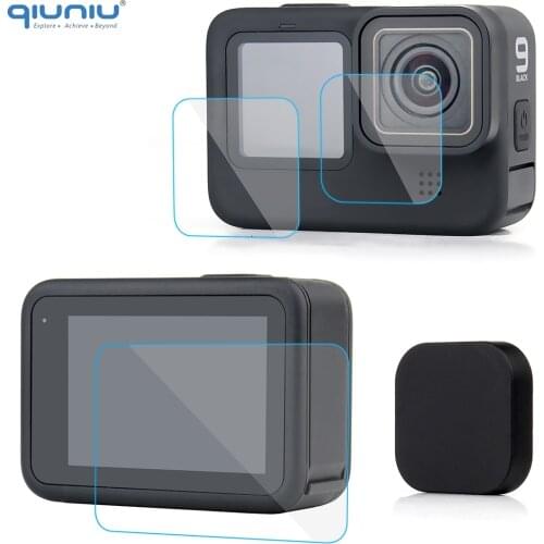 QIUNIU 2 Sets Lens Protective Film Tempered Glass Screen Protector + Camera Lens Cap for GoPro Hero 9 Black Go Pro 9 Accessory