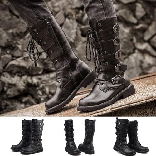 Vintage Mens Black Long Boots Waterproof Round Toe Pu Leather Outdoor Platform Shoes Punk Zipper Mid Calf Western High Boots