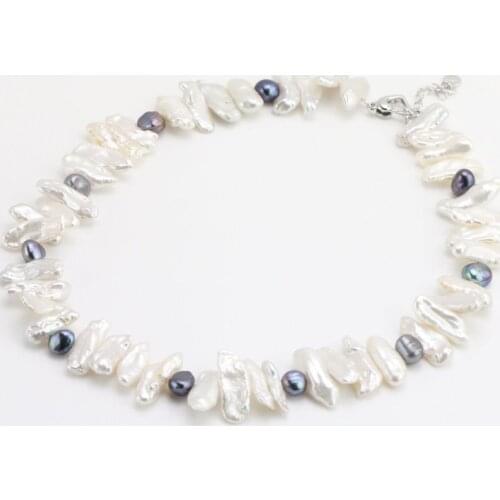 Unique Pearls jewellery Store,Natural White Black Freshwater Pearl Necklace,18inches,Wedding Bridal Bridesmaids Necklace Gift