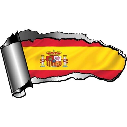 18x9cm Ripped Open Gash Torn Metal Design with Spain Spanish Country Flag Vinyl Reflective Decal Motorcycle Car Sticker