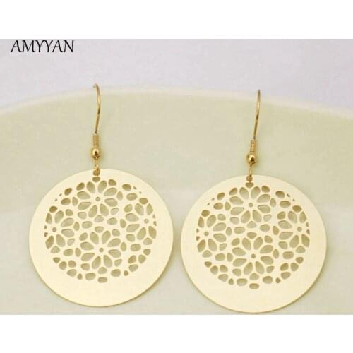 Top Quality Gold Drop Earrings Jewelry 316l Stainless Steel Round Pendant Dangle Earrings Fashion Hollow Out Disc Earrings