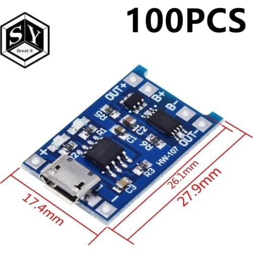 100PCS 5V 1A Micro USB 18650 type-c Lithium Battery Charging Board Charger Module+Protection Dual Functions TP4056 18650