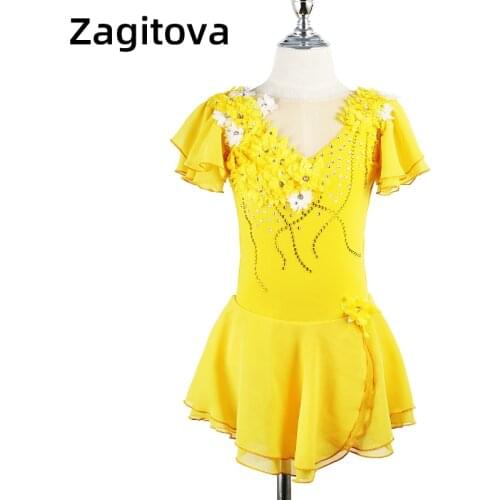 Yellow Short Sleeved Crystal Diamond Sunflower Flower Figure Skating Dress Skating Skirt For Women And Girls