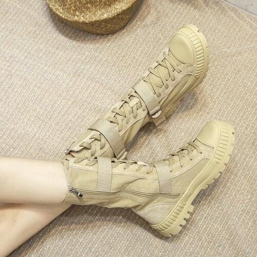 Women Nakle Boots Canvas Round Toe Mid Heel Boots For Woman Vogue Platform Lace Up Shoes zapatillas mujer Size 35-40