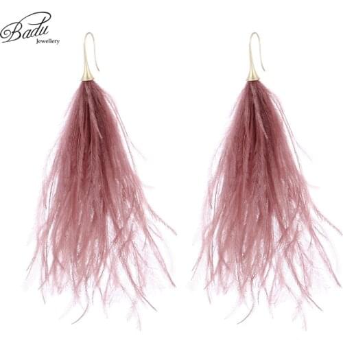 Badu Long Ostrich Feather Earrings for Women Light Weight Vintage Beach Jewelry 2019 Spring New Fashion Gifts Drop Shipping