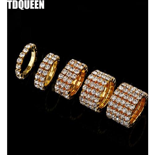1-5 Rows Gold Color Rings Bridal Wedding Bands Crystal Rhinestone Stretch Finger Rings for Women