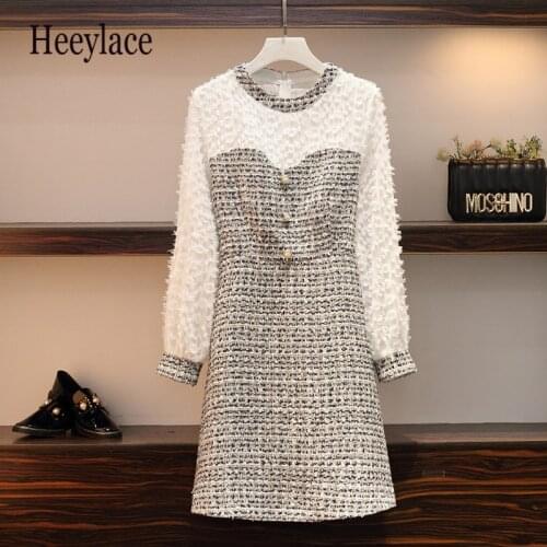 Plus Size 2019 Women Luxury Dress Autumn 2019 Fashion White Tassel Long Sleeve Patchwork Plaid Tweed Ladies A-line Dresses L-5XL
