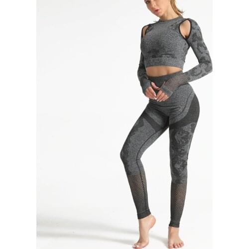 High Quality Fashion Hollow Navel Exposed Women Printing Sports Long Sleeve T Shirt Fitness Yoga Tights Pants