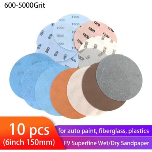 10PCS 6Inch FV Superfine Film Sanding Disc Soft Waterproof Sandpaper 600 to 5000 Grits for Wet/Dry Automotive Paint Sanding