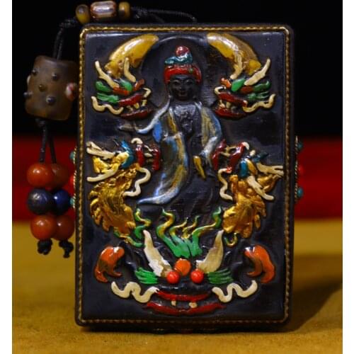 3"Tibet Temple Collection Old Natural horns Filigree mosaic Gem Dzi Bead Ride a dragon Guanyin Bodhisattva statue Amulet Pendant