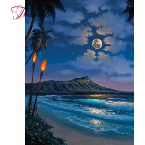 5D DIY Diamond Painting Scenery Moon Night Full Square Diamond Embroidery Kit Seaside Mosaic Picture of Rhinestones Decor Home