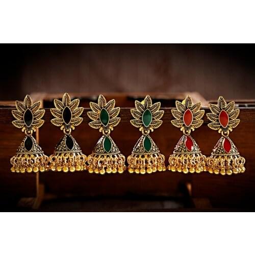Antique Ethnic Womens Indian Jhumka Earring Afghan Gypsy Jewelry Boho Gold Alloy Leaf Carved Bell Tassel Drop Earrings Ladies
