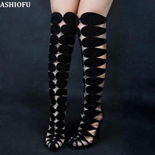 ASHIOFU Handmade New Ladies High Heel Boots Air-mesh Sexy Autumn Knee Boots Large Size Evening Party Fashion Club Boots Shoes