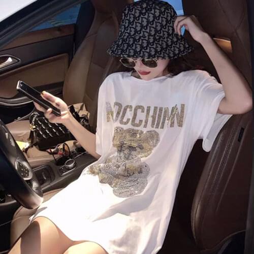 White Short-sleeved T-shirt Female Korean Mid-length Loose Hot Drilling Bear Plus Size Shirt Summer Plus Size Woman Tshirts