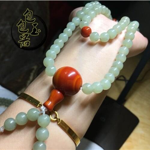 Natural hetian green jade bracelet unique jadite jade bangle 108 Buddha 7.5mm beads rosary for men women prayer jade jewelry