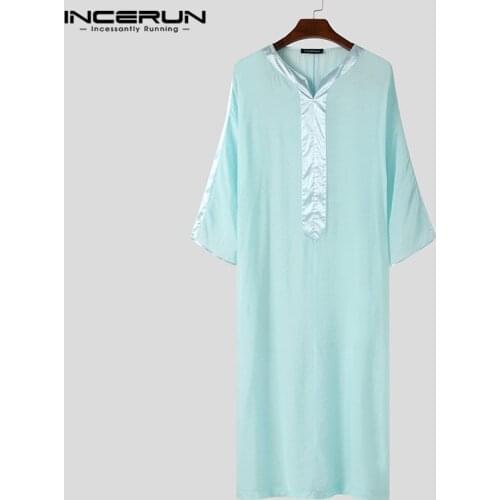 Man Patchwork Muslim Robes INCERUN Men Robes 3/4 Sleeve V Neck Mesh Jubba Thobe Fashion See Through Arabic Clothing Plus Size 7