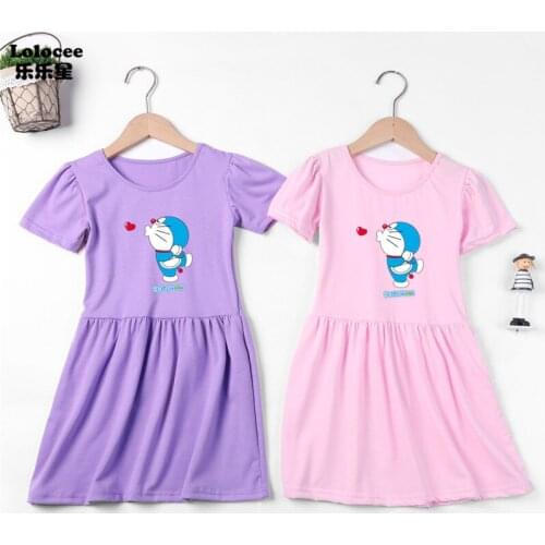 Baby girls short sleeve dresses cotton clothes summer Doraemon kids girls casual dresses 3-14T