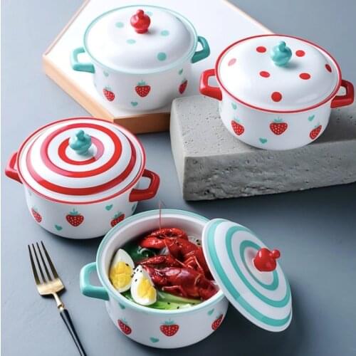 Nordic Ceramic Salad Bowl With Handle Lid Breakfast Cereal Fruit Bowl Color Dessert Soup Noodle Bowl Microwave Oven Special
