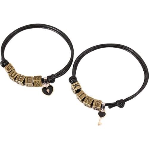 2pcs King&Queen Adjustable Handmade Leather Rope Chain Key Heart Pendant Couple Bracelets Lover Gifts Friendship Promise Jewelry