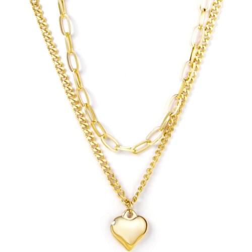 LUXUKISSKIDS Cuban Choker Necklaces Collar Statement Jewelry inoxydable Female Gold Color Heart Pendants Double Layer Chains