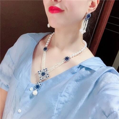 Micro inlay green red blue zircon clasp accessory white freshwater pearl earrings pendant necklace set fashion jewelry