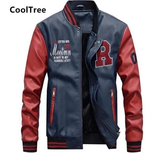CoolTree Men Leather Baseball Jackets Spring Autumn Stand Collar PU Casual Coats Male Slim Fit Zipper Motorcycle Outerwear