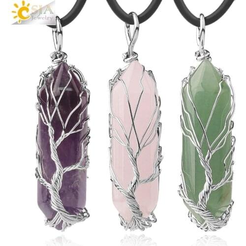 CSJA Natural Crystal Stone Pendant Necklace Point Hexagonal Prism Silver Color Copper Life Tree Wire Wrap Women Men Jewelry G551