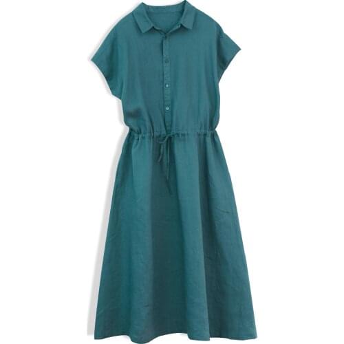 Linen dress lace up slim shirt dress short sleeve waist linen womens summer Dress 9013