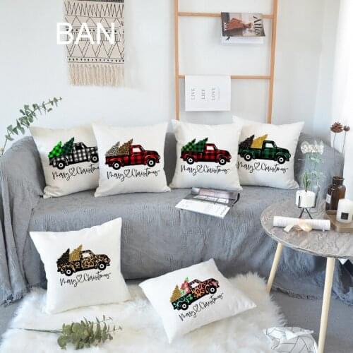 Merry Christmas Cushion Cover Truck Trees Linen Pillow Cover for Living Room Christmas Decorations for Home 18x18 Pillowcase