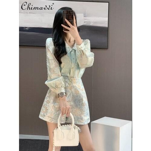 Early Autumn High Street Two Pieces Shorts Suit Womens Casual Fashion Long Sleeve Shirt Female High Waist Printed Shorts