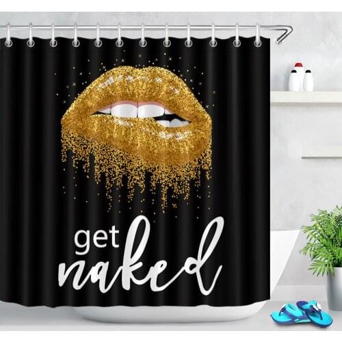 Get Naked Shower Curtain Girls Women Sexy Sexy Lips Gold Print Modern Black Bathroom Curtain Waterproof Polyester Fabric Decor