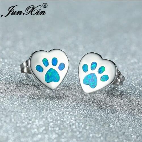 Blue White Fire Opal Animal Bear Cat Dog Paw Stud Earrings For Women Men White Gold Rose Gold Heart Earrings Wedding Jewelry Cz