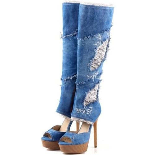 Denim platform long boots patchwork lace hollow peep toe high heel knee high boots waterproof zip up runway t-stage woman shoes