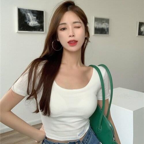 Women Short Sleeve Crop Top T-Shirts O Neck Short Shirt Korean Style Female Summer Solid Color Casual Tee Tops