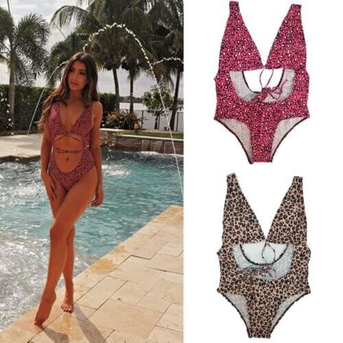 Summer Bandage Women Leopard Floral Printed One Piece Bikini Ladies Sexy Push Up Padded Swimwear Swimsuit Monokini Beachwear