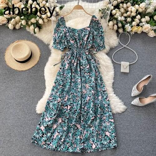 Floral Dress Women Korean Retro Square Collar Puff Sleeve A-line Dresses Summer Casual Vacation Print Beach Dress