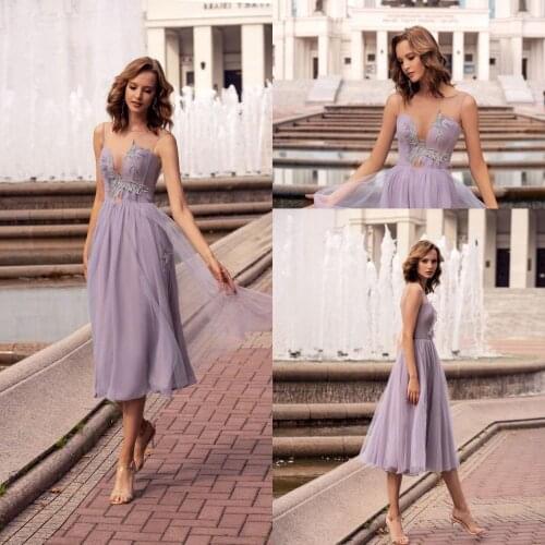 New Fashion Evening Dresses Light Purple Tulle Appliques Sheer O Neck Prom Gowns Tea Length Runway Fashion Dresses