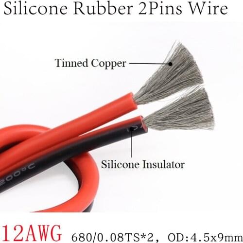 1M 12AWG 2Pins Ultra Soft Silicone Rubber Copper Electric Wire Black Red LED Lighting Lamp DIY Connector Cable Extension Line