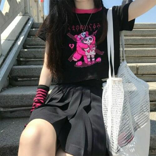 90s E-girl Y2K Bear Graphic Print Front Harajuku Patchwork Pink T-shirt Kawaii Summer O-neck Short Sleeve Vintage Top Grunge tee
