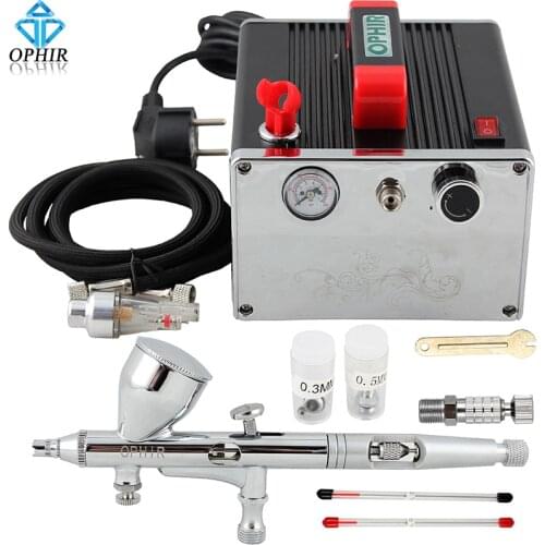 OPHIR PRO Dual Action Airbrush Kit with Air Compressor for Model Paint Cake Decotating Makeup Air Brush Nail Art Tool _AC091+070