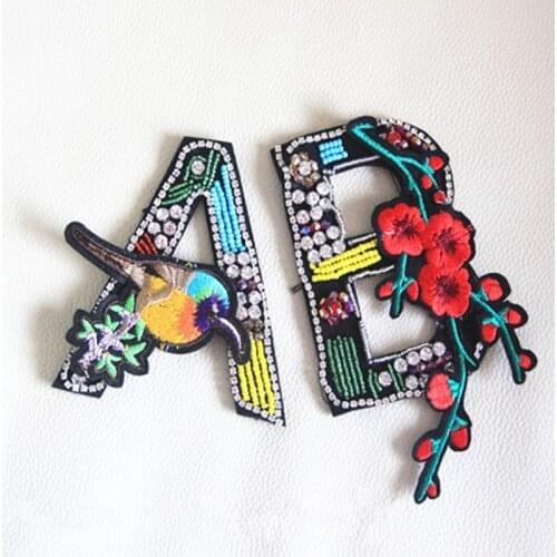 Big A B English Letters with rose flower Alphabet sew on beads applique clothes shoes bags DIY beaded rhinestone applique Patch