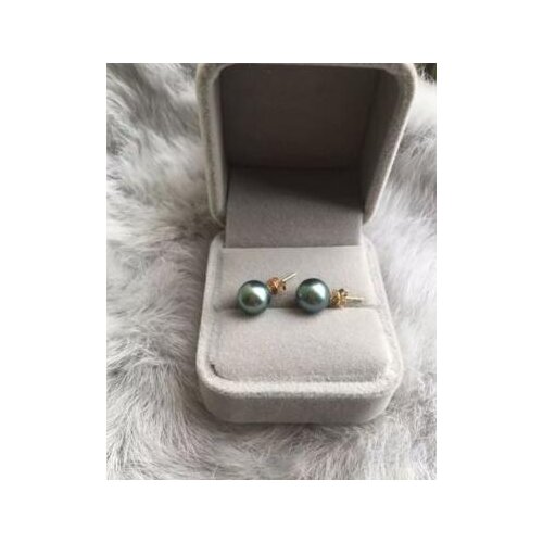 Free shipping>>>>noble jewelry Genuine 9mm real Gray South Sea Pearl Earrings 14K Solid Yellow Gold